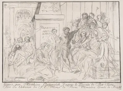 Classical scene of figures gathered around an orator at right (possibly related to healing the lame)