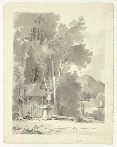 Classical Urn in Front of a Shed, with Temple and Mountain in Background