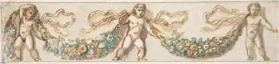 Classicizing Frieze with Three Putti holding up a Garland