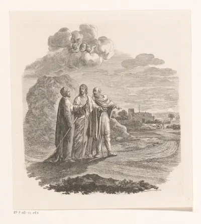 Cleopas en Petrus ontmoeten Christus op hun weg naar Emmaüs