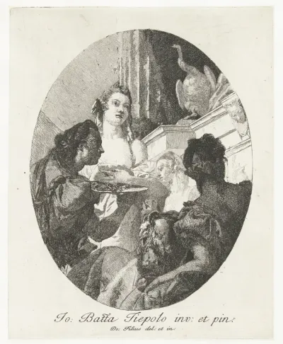 Cleopatra en bedienden met sieraden en vat wijn