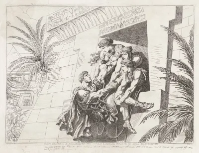 Cleopatra en metgezellinnen laten Marcus Antonius uit het venster zakken