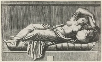 Cleopatra halfnaakt liggend op bed