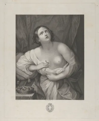 Cleopatra looking upwards while holding an asp in her right hand and clutching at her stomach with her left, a bowl of figs at left, after Reni
