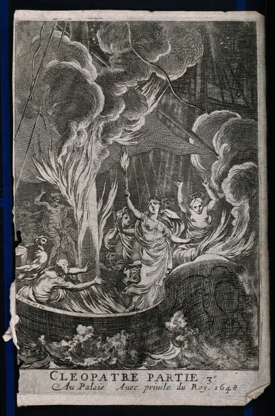 Cleopatra setting fire to the sails of a ship