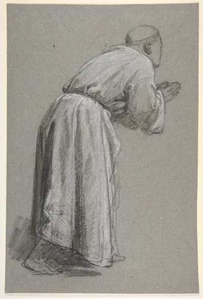 Cleric with Joined Hands (lower register?); verso: (same figure); (studies for wall paintings in the Chapel of Saint Remi, Sainte-Clotilde, Paris, 1858)