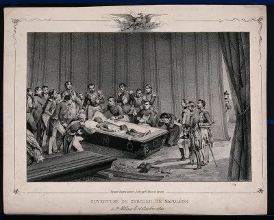 Clerics and military men surrounding the open coffin of Napoleon Bonaparte