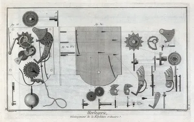 Clocks: a repeater clock mechanism, exploded view
