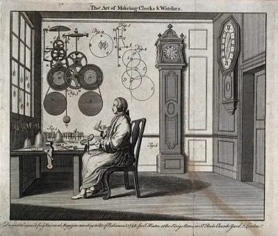 Clocks: a watch-maker seated at his workbench with a long-case and a bracket clock behind him, diagrams of movements above his head