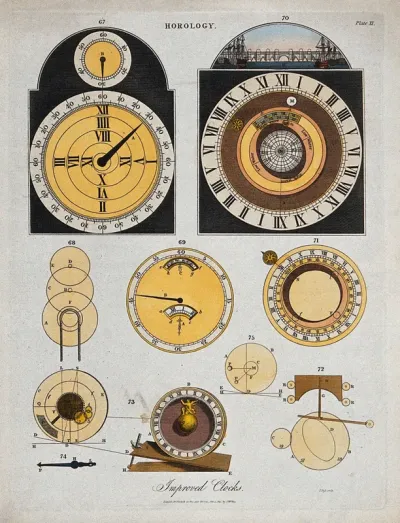 Clocks: faces (top), and mechanisms (below) of a Ferguson (right), and a Smeaton-Franklin clock (left)