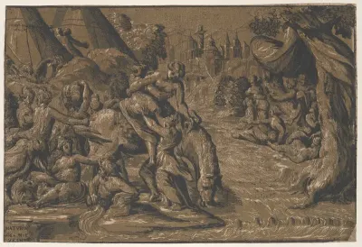 Cloelia the Roman hero in the centre being helped onto a horse, Rome in the background,