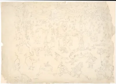 Clownish figures on a beach