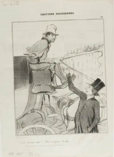 “- Coachman, are you booked? - No, citizen. - Well then: 'you'd rather accept being advised than hired out?,'” plate 49 from Émotions Parisiennes