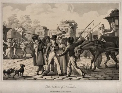 Coachmen forcibly encouraging people on the streets at Versailles to travel in their carriages
