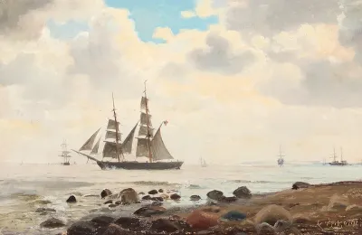 Coast scenery with view to ships on a cloudy day.