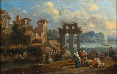 Coastal landscape with figures resting near ruins, a lake with boats beyond
