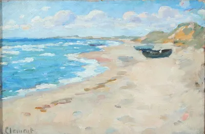 Coastal scape from Skagen with boats on the beach.