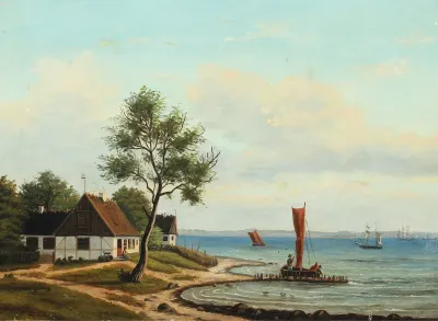 Coastal scenery with a farm and ships at the sea