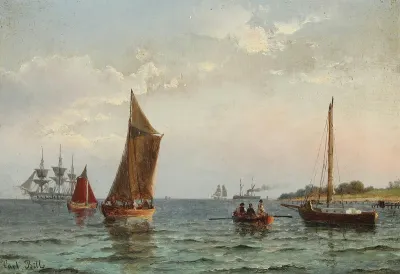 Coastal scenery with ships.