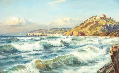 Coastal view from Bornholm with the castle Hammershus.