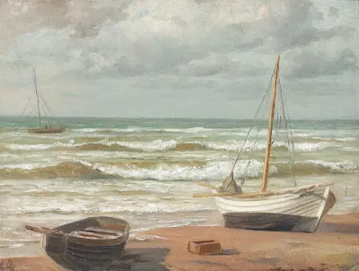 Coastal view with boats on the beach.