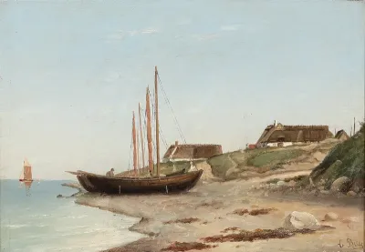 Coastal view with drawn up sailing ships at Gilleleje.