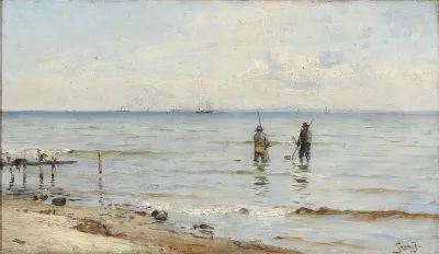 Coastal view with fishermen finding worms. On the horizon a sailing ship.