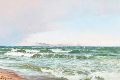Coastal view with ships on the horizon.