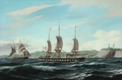 Coastal view with the frigate Jylland and sailing ships in heavy waves.