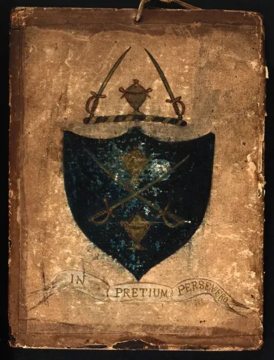 Coat of arms: urns, crossed swords and motto