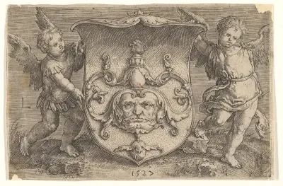 Coat of Arms with a Mask, Held by Two Genii
