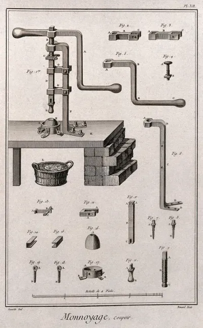 Coinage: with various components of a coin press
