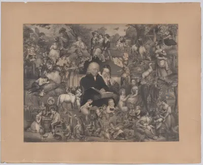 Collage of printed elements centered on a Man and Young Woman Reading the Bible, surrounded by scenes from rural life