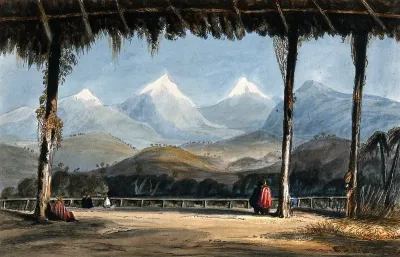 Colombia: a covered passage providing a prospect of the Cordillera mountains across a ravine