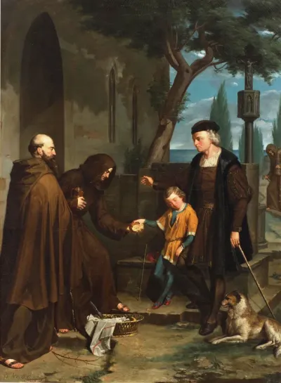 Colón en las puertas del convento de Santa María de la Rábida pidiendo pan y agua para su hijo