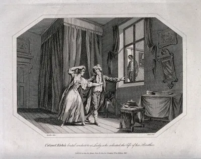 Colonel Kirke draws the attention of a distressed young lady to the body of her brother whom he had hanged in an adjoining room