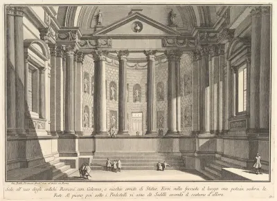 Colonnaded hall according to the custom of the ancient Romans, and niches adorned with statues (Sala all'uso degli antichi Romani con Colonne, e nicchie ornate di Statue), from "Prima Parte di Architettura, e Prospettive"