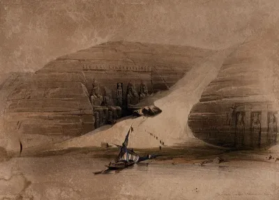 Colossal statues excavated at Abu Simbel, seen from the Nile, Egypt