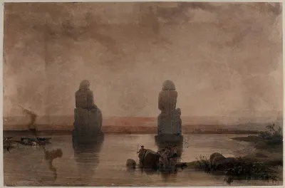 Colossal statues of Memnon (Pharaoh Amenhotep III), seen during the flooding of the Nile, Thebes, Egypt