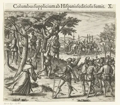 Columbus laat muitende soldaten ophangen