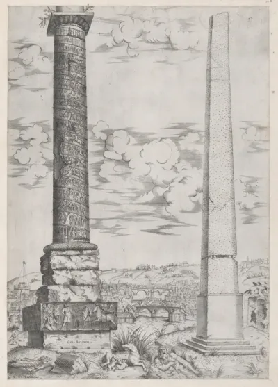Column of Antoninus and a Roman Obelisk, from "Speculum Romanae Magnificentiae"