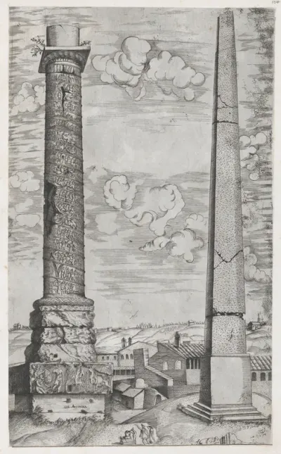 Column of Antoninus and a Roman Obelisk, from "Speculum Romanae Magnificentiae"