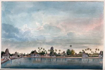 Combaconum: the holy tank at the Shiva temple in Combaconum, south west view