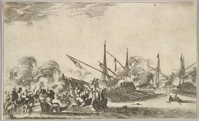 Combat between several rowboats and ships, two groups of men in rowboats fighting to left, two ships full of combatants to right, other ships and clouds of smoke in the background, from "Set of eight nautical landscapes" (Suite de huit Marines)