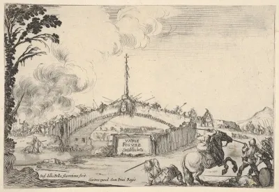 Combat on a bridge, a horseman and two footsoldiers battle with swords at bottom right, one footsoldier on the ground to left of the horseman, various soldiers with swords on the bridge in the background, French coat of arms displayed in center of br