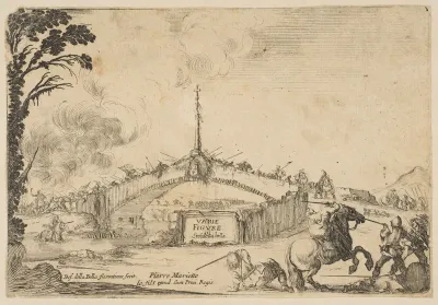 Combat on a bridge, a horseman and two footsoldiers battle with swords at bottom right, one footsoldier on the ground to left of the horseman, various soldiers with swords on the bridge in the background, French coat of arms displayed in center of br
