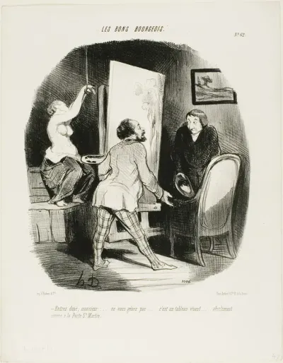 “Come on in, Monsieur, don't be shy. It's a living picture.... just like (you'd see) at the Porte St. Martin,” plate 62 from Les Bons Bourgeois