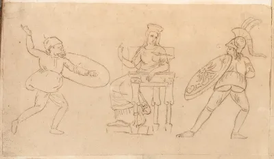 Comic Warrior, Seated Woman, and Figure with a Shield