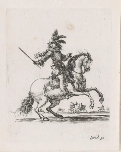 Commandant te paard in een landschap met meer ruiters te paard