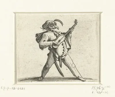 Commedia dell'arte-figuur met gitaar, zwaard en masker